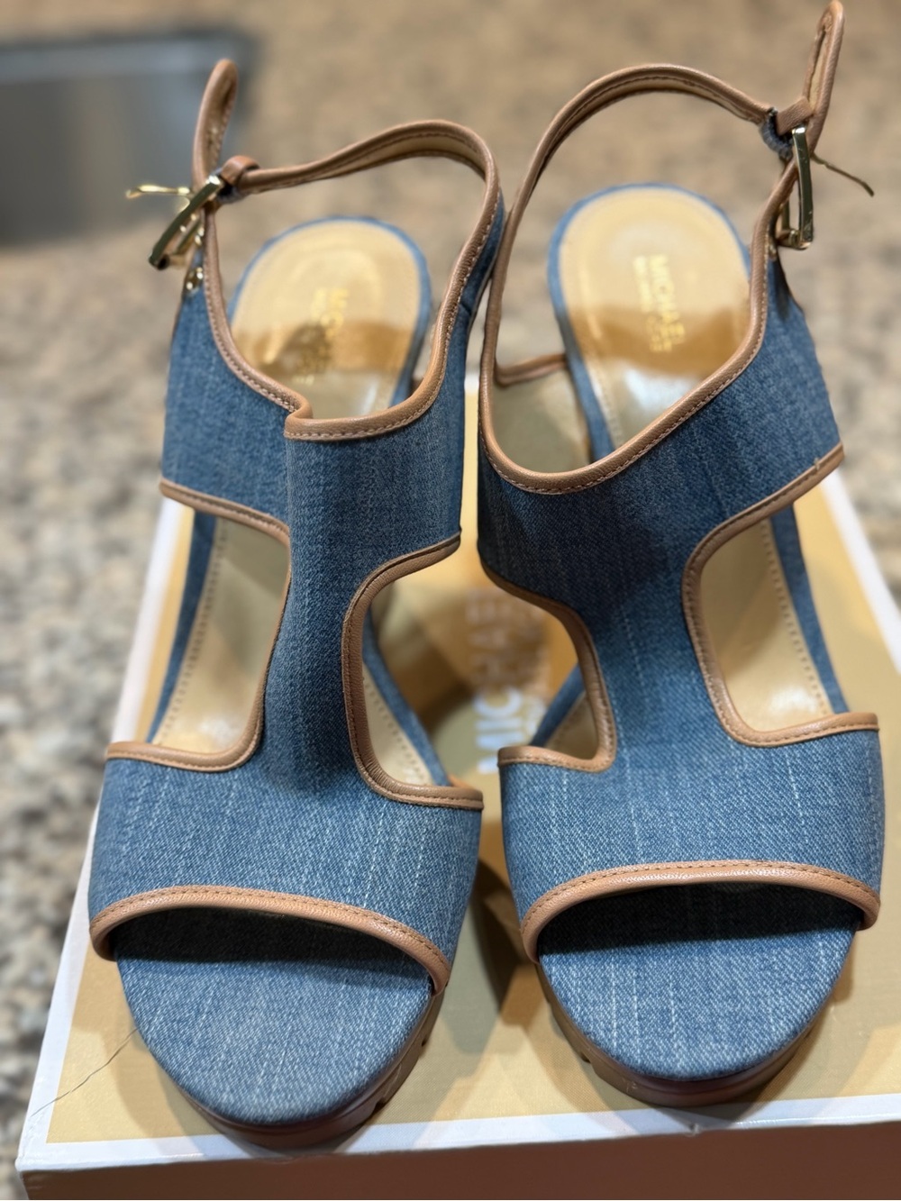 Michael Kors Denim Cutout Sandals with Tan Trim